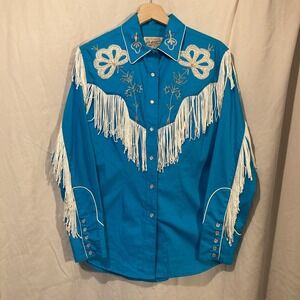 ROCKMOUNT RANCH WEAR Womens Western pearl snap Shirt Blue M Embroidered Fringe